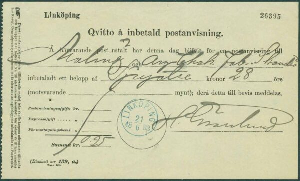 Qvitto å inbetald postanvisning - LINKÖPING 21.6 1883 (blå stpl), litet hål