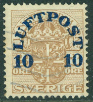 F 136 Luftpost 10 öre på 3 öre brun