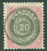 Danmark – F   34 Siffertyp öre-valörer, 20 öre. Gummiringstämpel. Riss.