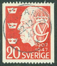 F  377A Gustaf V;s reg.jubileum 20 öre. SKILLINGARYD 22.12.47  (F/Sm)
