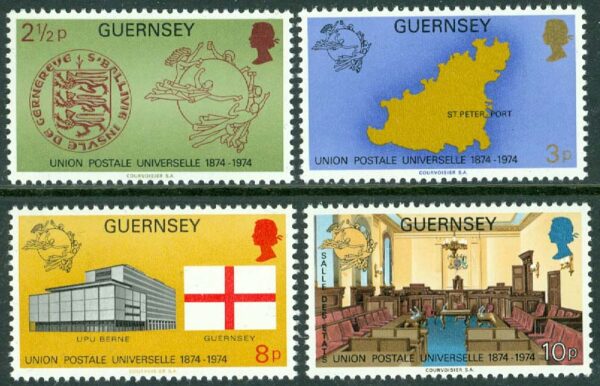 Guernsey - M  106-109 Världspostföreningen UPU 100 år 1974, 4 kpl **
