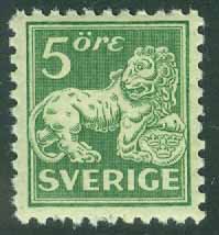 Sverige – F  143C Stående lejon 5 öre grön typ II **, kt