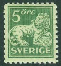 Sverige – F  143C Stående lejon 5 öre grön typ II **