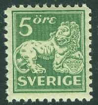 Sverige – F  143C Stående lejon 5 öre grön typ II **