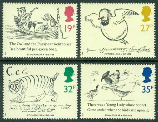 England - M 1170-1173 Edward Lear död i 100 år - Diktare och konstnär, 4 kpl **