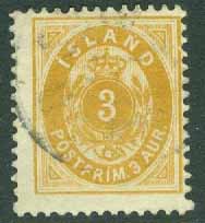 Island – F   20 Aur-valörer. tandn. 12 3/4 x 12 3/4, 3 aur stpl