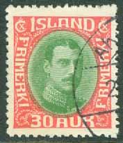 Island – F  153 Christian X, 30 aur grön/röd stpl