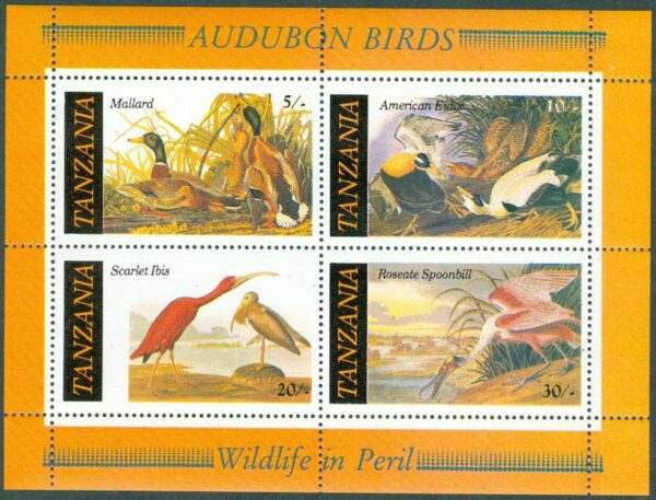 Tanzania - M BL  55 Fåglar b.l.a gräsand - JJ Audubon 200 år, block kpl **
