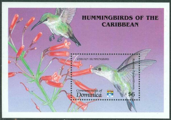 Dominica - M BL 211 Frim.utst. GENOVA 92. Fekolibri och Russelia equisetiformis, block **