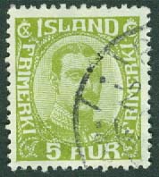 Island – F  128 Christian X, 5 öre olivgrön stpl