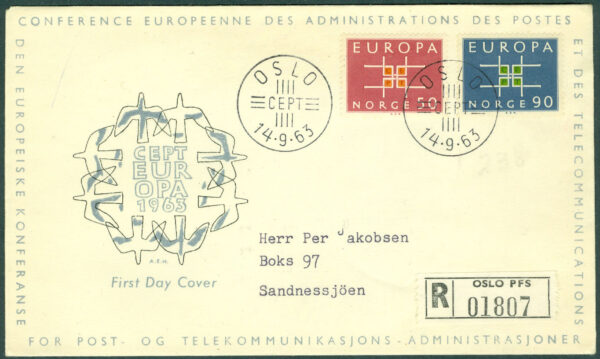 Norge - FDC 1963-09-14 - Europa CEPT 1963, 2 kpl Vinjett 7 REK +  Adressat