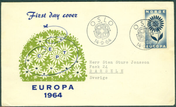 Norge - FDC 1964-09-14 - Europa CEPT 1964, 1 kpl Vinjett 8 Adressat