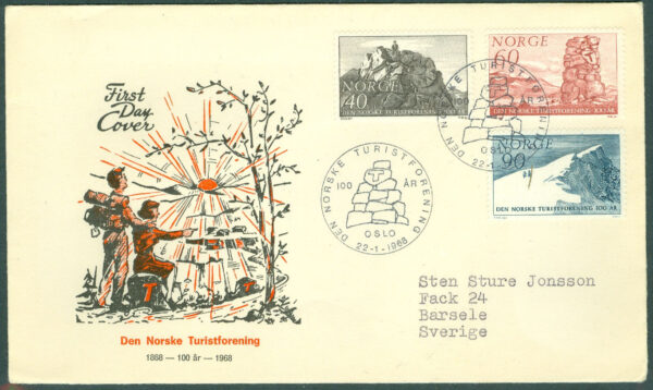 Norge - FDC 1968-01-22 - Norska Turisföreningen 100 år, 3 kpl Vinjett 6 Adressat