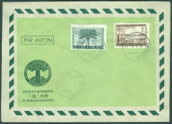 Finland - FDC 1949-06-15 Världsskogskongressen, 2 kpl Vinjett 4 Flygpostkuvert