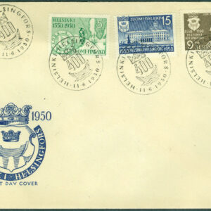 Finland – FDC 1950-06-11 Helsingfors 400 år, 3 kpl Vinjett 4 stpl 400 år + Stadion, Adressat