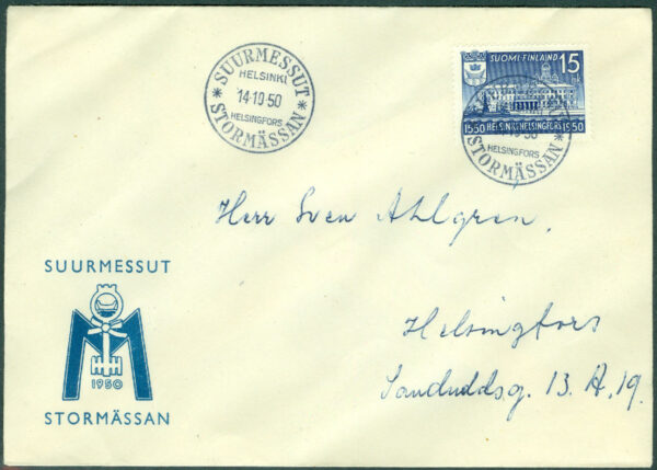 Minnespoststämplat brev 1950-10-14 Stormässan Vinjett