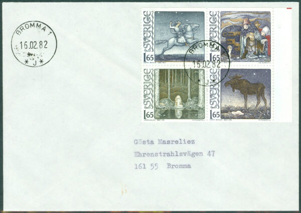 Sverige - FDC 1982-02-16 - John Bauer, 4-Block kpl privat stämplad. Adressat