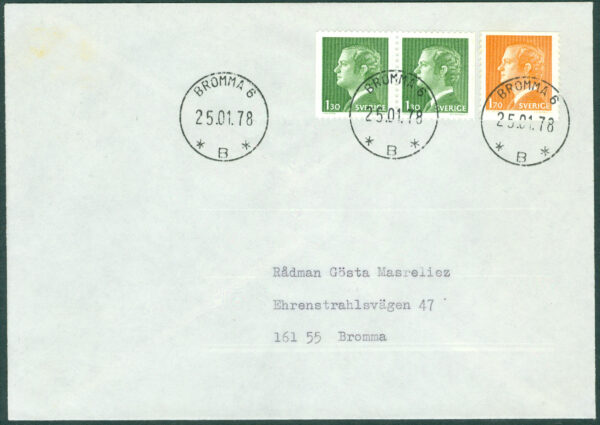Sverige - FDC 1978-01-25 - Carl XVI Gustaf, typ I, 3 kpl privat stämplad. Adressat