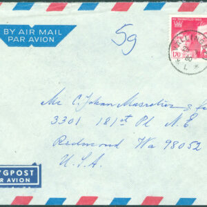 F 1119 Ny tronföljd 1.70 kr på flygpostbrev till USA. Stpl VÄLLINGBY 25.3.80