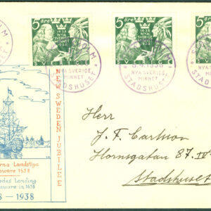 Sverige – FDC 1938-04-08 – Nya Sverige Minnet 3 märken Vinjett 1 Adressat