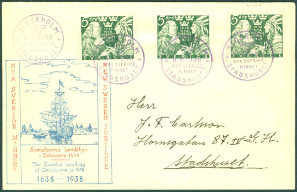 Sverige - FDC 1938-04-08 - Nya Sverige Minnet 3 märken Vinjett 1 Adressat
