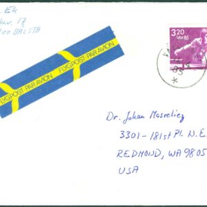 F 1344 på brev till USA stpl VÄLLINGBY 11.4.85