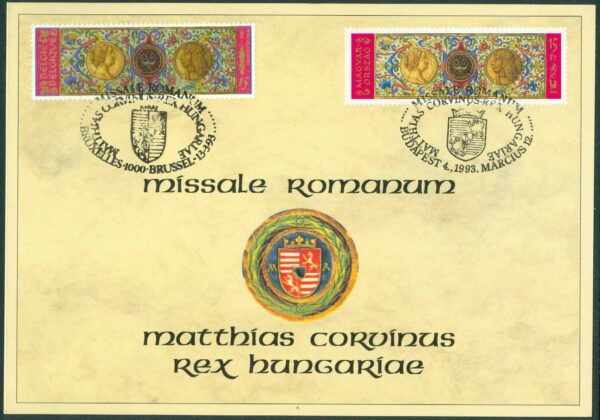 Ungern och Belgien - Minneskort; Det romerska missalet av kung Matthias Corvinus,.
