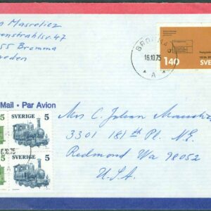 F  908 m.fl. på brev till USA stpl BROMMA 6  16.10.75