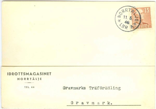 F  275 på kort från Idrottsmagasinet, Norrtälje, stpl NORRTÄLJE LBR A 11.3.49  (B/U)