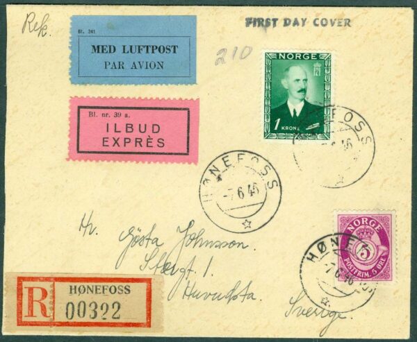 Norge - FDC 1946-06-07 - Haakon VII 1 kr. REK + Adressat + Luftpost + Tgg-frankering