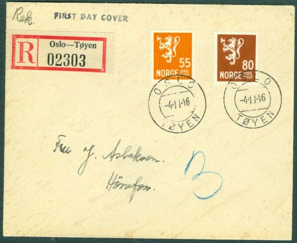 Norge - FDC 1946-11-04 - Lejontyp III 2 kpl. REK + Adressat