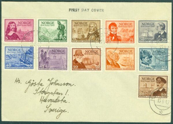 Norge - FDC 1947-04-15 - Postverket 300 år 11 kpl. Adressat