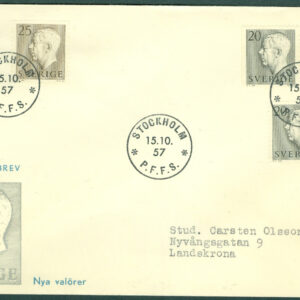Sverige – FDC 1957-10-15 – Gustaf VI Adolf Typ II, serie 5 kpl Vinjett 1 Adressat