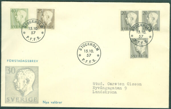 Sverige - FDC 1957-10-15 - Gustaf VI Adolf Typ II, serie 5 kpl Vinjett 1 Adressat