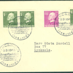 Sverige – FDC 1943-09-09 – Oscar Montelius 1843-1943 serie 4 kpl Adressat