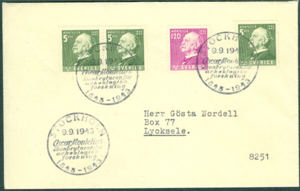 Sverige - FDC 1943-09-09 - Oscar Montelius 1843-1943 serie 4 kpl Adressat
