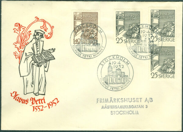 Sverige - FDC 1952-04-19 - Olavus Petri, serie 4 kpl Vinjett 3 Adressat