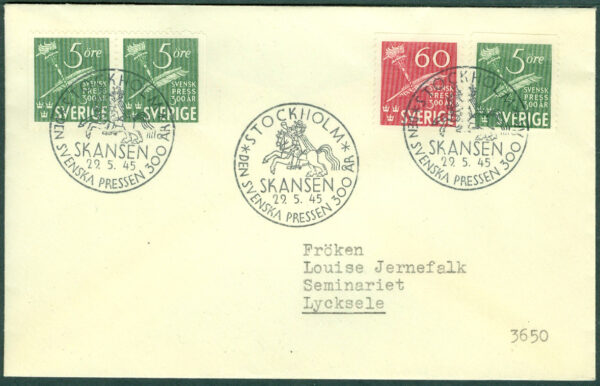Sverige - FDC 1945-05-29 - Svensk Press 300 år, 4 kpl Adressat