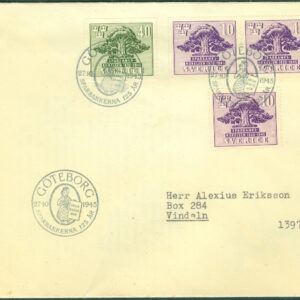 Sverige – FDC 1945-10-27 – Sparbanksrörelsen 125 år, 4 kpl. Standardvinjett, Adressat