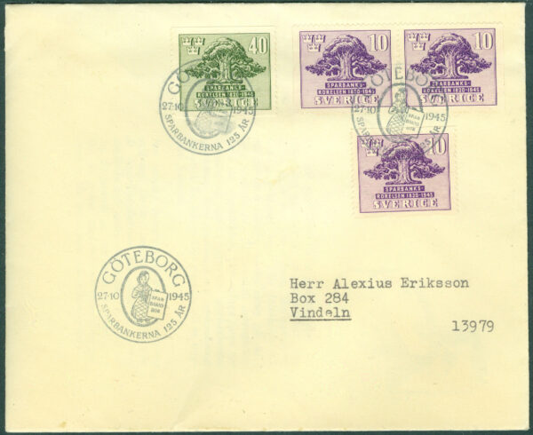 Sverige - FDC 1945-10-27 - Sparbanksrörelsen 125 år, 4 kpl. Standardvinjett, Adressat