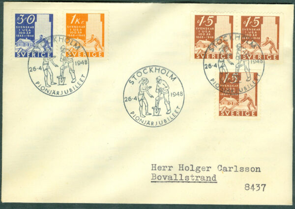 Sverige - FDC 1948-04-26 - Pionjärjubiléet, serie 5 kpl Adressat