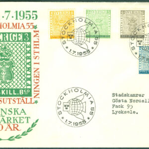 Sverige – FDC 1955-07-01 – Stockholmia 55, serie 5 kpl Vinjett 3 Adressat