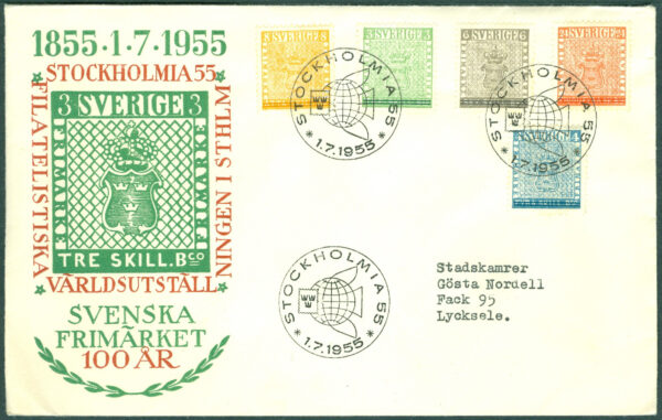 Sverige - FDC 1955-07-01 - Stockholmia 55, serie 5 kpl Vinjett 3 Adressat