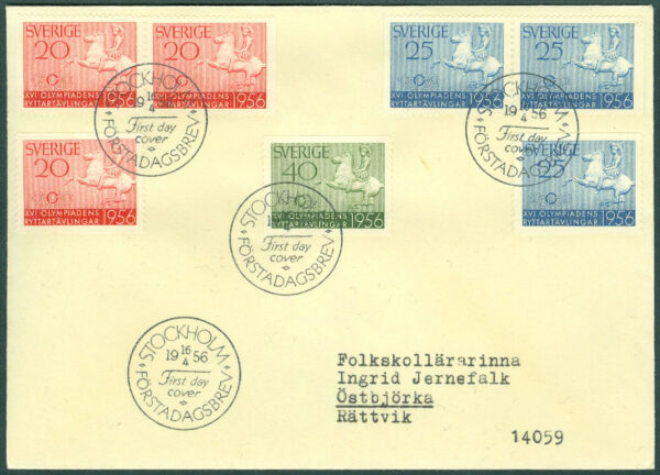 Sverige - FDC 1956-04-16 - Ryttarolympiaden, 7 kpl Adressat