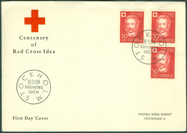 Sverige - FDC 1959-05-08 - Röda Korset 100 år, 3 kpl Vinjett 2b Adressat
