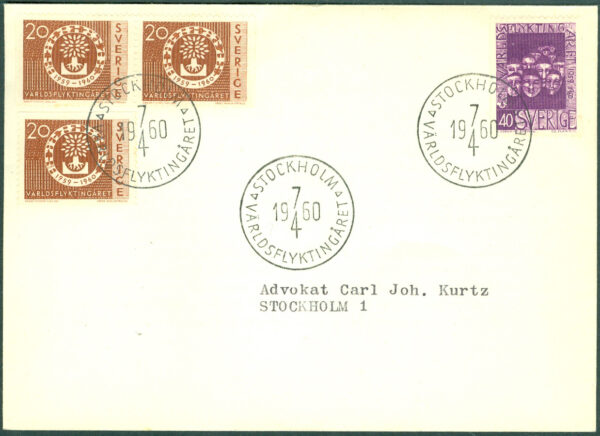 Sverige - FDC 1960-04-07 - Världsflyktingåret, 4 kpl Adressat