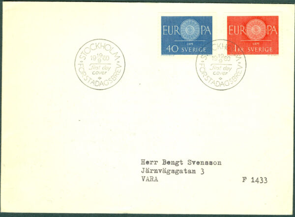 Sverige - FDC 1960-09-19 - Eurpa CEPT 1960, 2 kpl Adressat