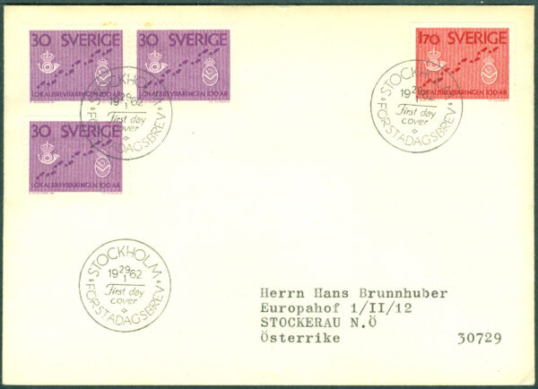 Sverige - FDC 1962-01-29 - Lokalbrevbäringen 100 år, 4 kpl Adressat