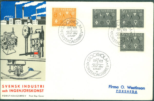 Sverige - FDC 1963-05-27 - Industri & Ingenjörskonst, 4 kpl Vinjett 1 Adressat