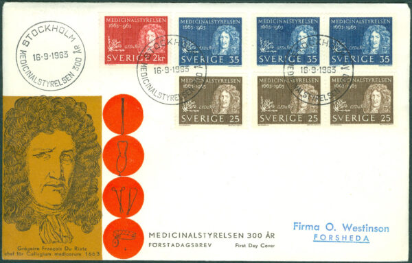 Sverige - FDC 1963-09-16 - Medicinalstyrelsen 300 år, 7 kpl Vinjett 1 Adressat